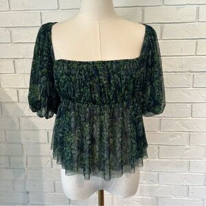 Free People Green Mesh Floral Top Womens L